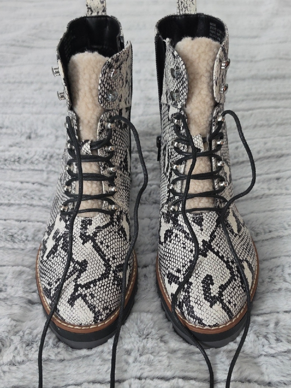 Crown & Ivy Black and Cream Snake-Print Lace-Up Boots